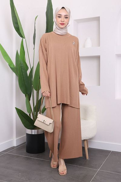 İmajButik Σετ Παντελόνι Πλεκτό Μπισκότο Καρφίτσα