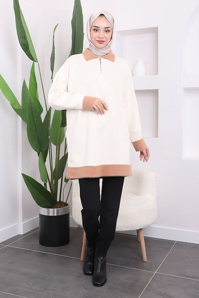 İmajButik Κρεμ πλεκτό τουνίκ με φερμουάρ