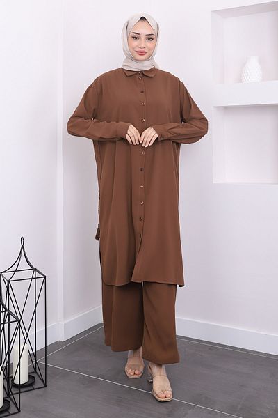 İmajButik Σετ τουνίκ και παντελόνι σε καφέ χρώμα με σκισίματα στο πλάι