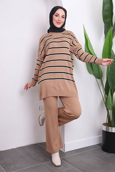 İmajButik Σετ παντελόνι μπισκότο ριγέ πλεκτό