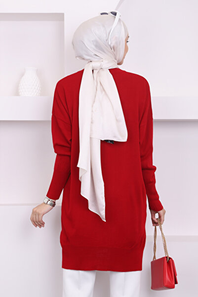 İmajButik Claret Red Crew Neck Mercerized Casual Knitwear Tunic