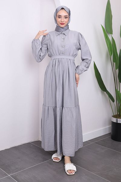 İmajButik Λινό Γκρι Φόρεμα - Πλισέ μέσης