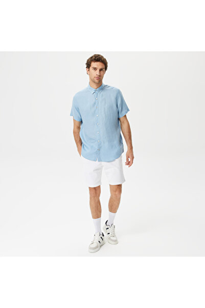 Nautica Erkek Mavi Classic Fit Kısa Kollu Keten Gömlek