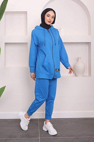 İmajButik Saks Blue Two Thread Hooded and Pocket Tracksuit Set