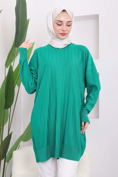 İmajButik Green Crew Neck Mercerized Casual Knitwear Tunic