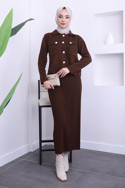 İmajButik Καφέ Crop Ζακέτα Πλεκτό Σετ