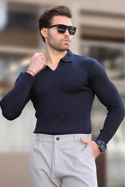 Madmext Ανδρικό μακρυμάνικο πουλόβερ Navy Blue Polo γιακά ριγέ 7289