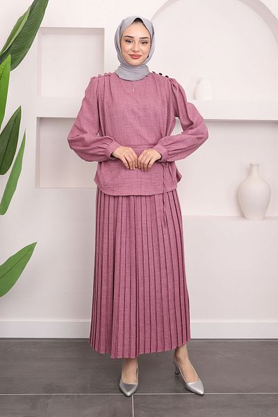 İmajButik Σετ Πλισέ Dusty Rose Μπλούζα και Φούστα - Λεπτομέρεια ώμου
