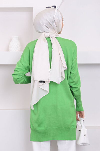 İmajButik Φιστίκι Πράσινο Crew Neck Mercerized Casual Knitwear Tunic
