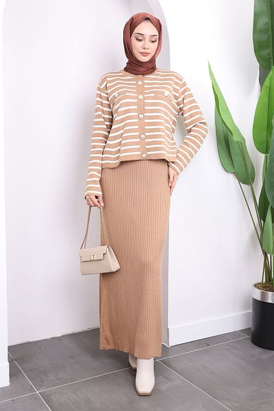 İmajButik Μπισκότα Crop Ζακέτα Πλεκτά Φόρεμα Διπλός Συνδυασμός