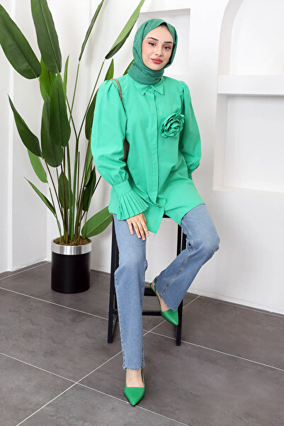 İmajButik Πράσινο Πλισέ Tericoton Πουκάμισο με Μπρονζέ