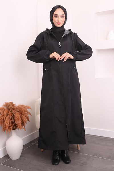 İmajButik Μαύρη καμπαρντίνα με κουκούλα και ελαστικό μακρύ μανίκι