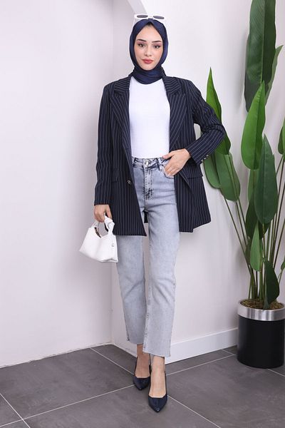 İmajButik Μπλε Navy ριγέ μπουφάν με διπλό γιακά