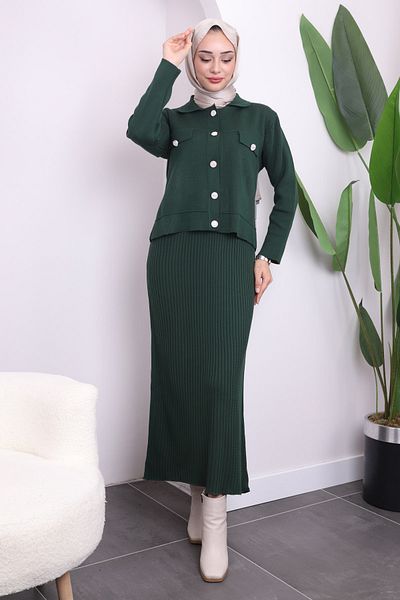 İmajButik Emerald Green Crop Jacket Φόρεμα Διπλό Σετ Πλεκτά Συνδυασμού
