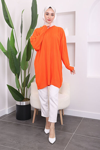 İmajButik Orange Crew Neck Mercerized Loose Knitwear Tunic