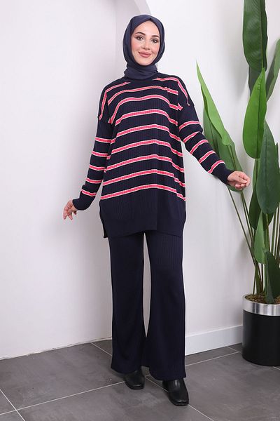 İmajButik Σετ παντελόνι με ριγέ πλεκτό Navy Blue