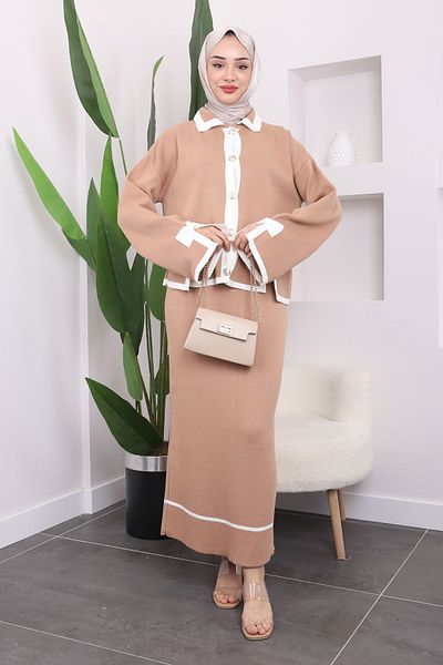 İmajButik Σετ πλεκτά μπισκότα φιόγκος ζακέτα φούστα