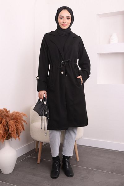 İmajButik Μαύρο παλτό με γραβάτα στη μέση