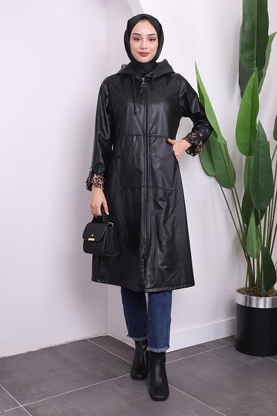 İmajButik Δερμάτινη καμπαρντίνα με μαύρη κουκούλα