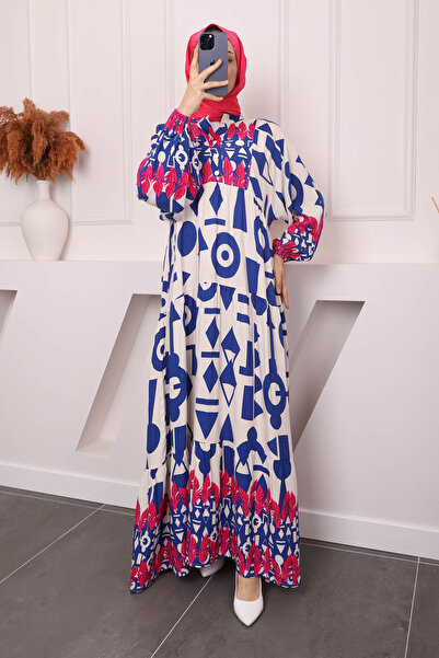 İmajButik Διακοσμημένο Saks Blue - Φόρεμα με μισά κουμπιά και μανίκια ελαστικά