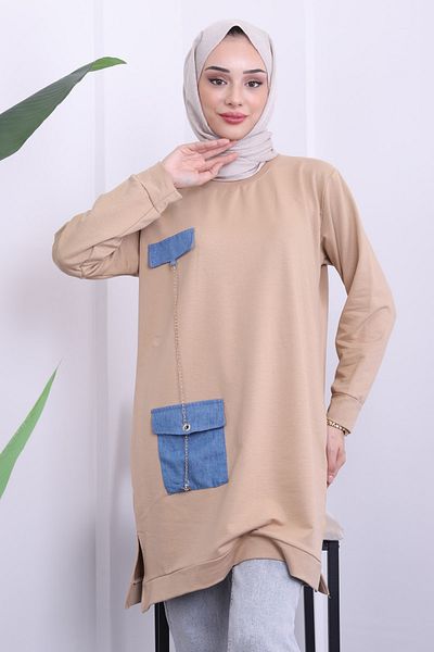 İmajButik Mink Denim Detailed Crew Neck Two Thread Tunic