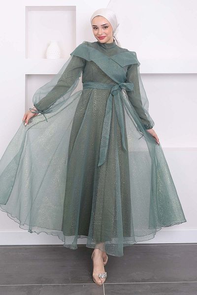 İmajButik فستان سهرة لامع بأكمام بالون كاكي - تفاصيل أمامية