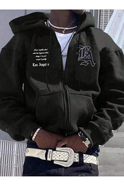 MARECASH Siyah Erkek Hırka Los Angeles Baskılı Bol Kesim Bağcıklı Kapşonlu Po...