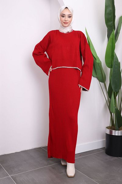 İmajButik Claret Red Knitwear Crop Φόρεμα Διπλό Σετ