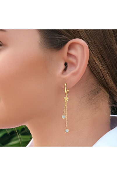 İNDİGO TAKI Yıldız Sallantılı Tohum Altın Kaplama Gümüş Küpe