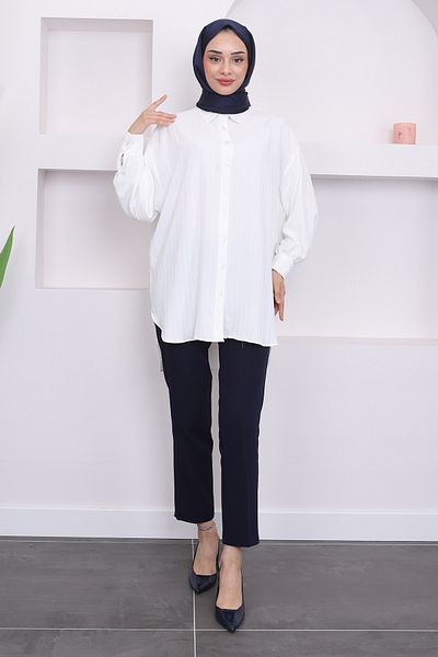 İmajButik Casual εκρού ριγέ πουκάμισο