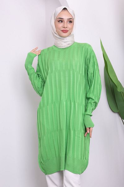 İmajButik Φιστίκι Πράσινο Crew Neck Mercerized Casual Knitwear Tunic