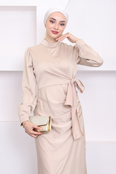 İmajButik Bej Ön Detaylı Drapeli Saten Abiye