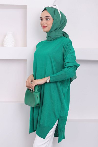 İmajButik Green Crew Neck Mercerized Loose Knitwear Tunic
