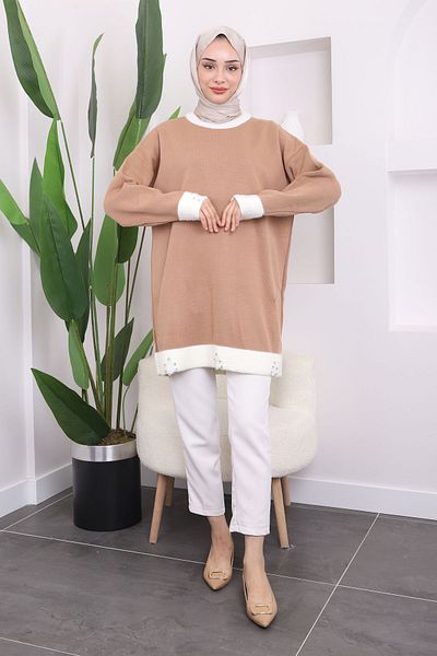 İmajButik Μπισκότο Πέτρινο Λεπτομερές Πλεκτό Τούνικ