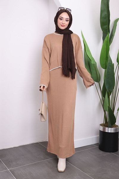 İmajButik Μπισκότα Πλεκτά Φόρεμα Crop Διπλό Σετ
