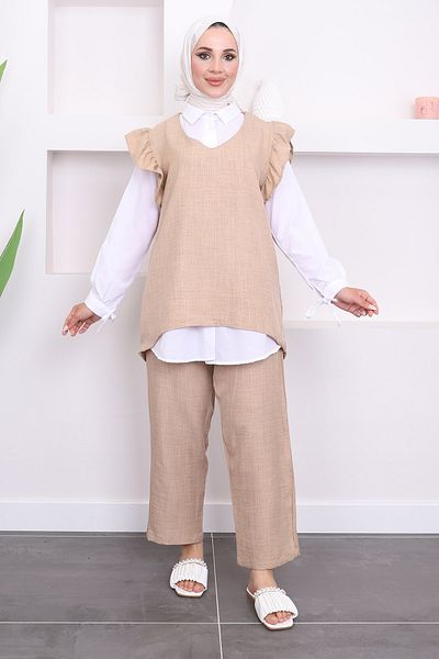 İmajButik Μπεζ Σετ Πουλόβερ και Παντελόνι - Πουκάμισο Τριών Τεμαχίων