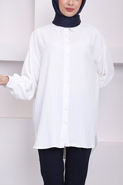 İmajButik Ekru Çizgili Salaş Gömlek