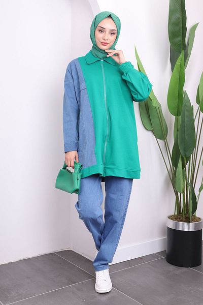 İmajButik Green Zippered Jeans Detailed Trousers Suit