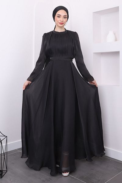 İmajButik Βραδινό φόρεμα με πλισέ μαύρη ζώνη