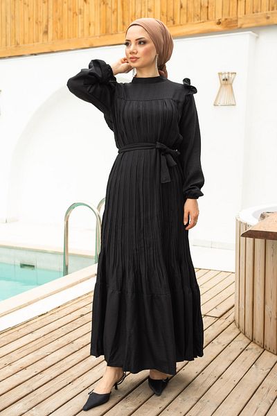 İmajButik Μαύρο βολάν φόρεμα με πλισέ φύλλο