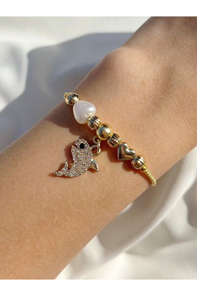 Eylülün Takısı Kadın Gold Renk Sallantılı Taşlı Balık İnci Bileklik