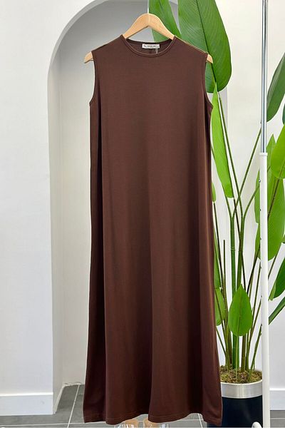 İmajButik Crew Neck Brown Underwear Dress - Zero Sleeve