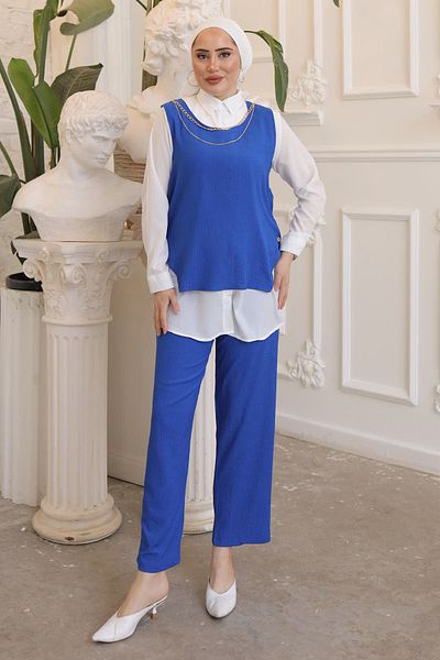 İmajButik Κολιέ Saks Blue με κουμπιά στα πλαϊνά και τριπλό περιτυλιγμένο σετ