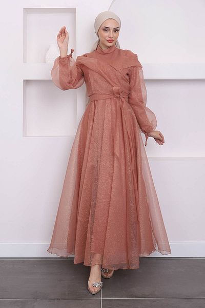 İmajButik Βραδινό φόρεμα Glitter με μπαλόνι μανίκι και μπροστινή λεπτομέρεια σολομού