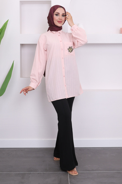 İmajButik Λινό Πουκάμισο - Χρώμα πούδρας, Λεπτομέρεια τσέπης