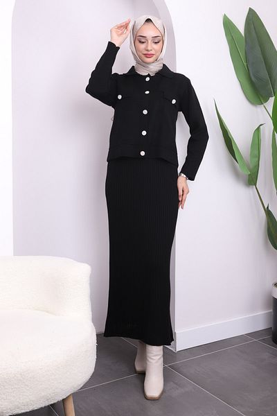 İmajButik Μαύρο Crop Jacket Φόρεμα Διπλό Συνδυαστικό Πλεκτό Σετ