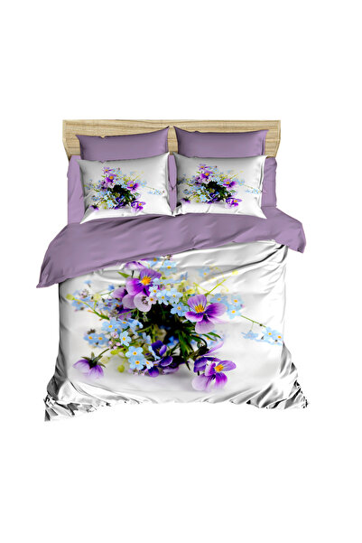 Fabeteks Purple Flowers 3D Double Duvet Cover Pillow Set
