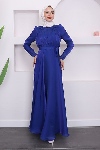 İmajButik Βραδινό φόρεμα Saks Blue Sashed μπροστινό πλισέ