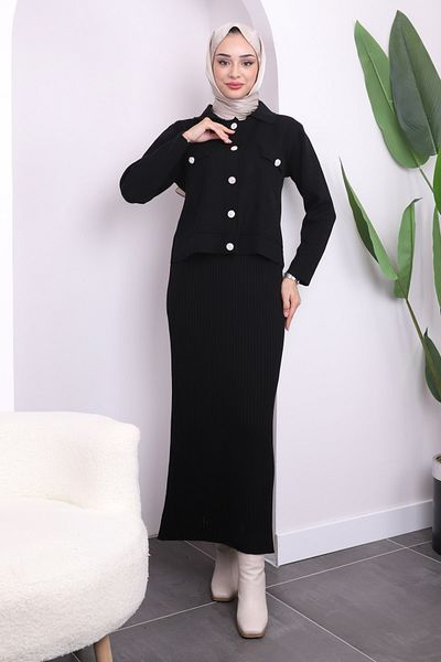 İmajButik Μαύρο Crop Jacket Φόρεμα Διπλό Συνδυαστικό Πλεκτό Σετ
