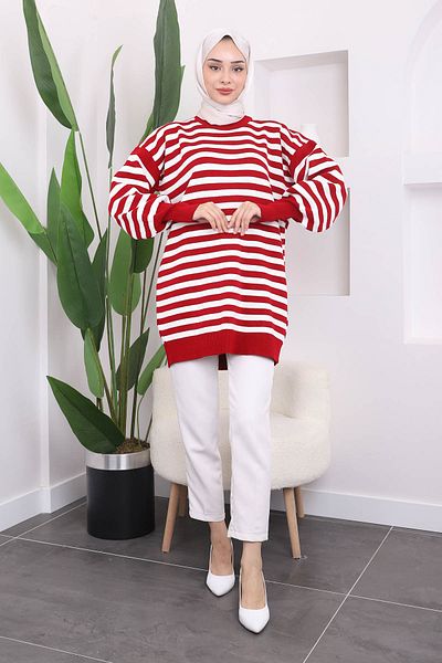 İmajButik Red Crew Neck Striped Knitwear Tunic